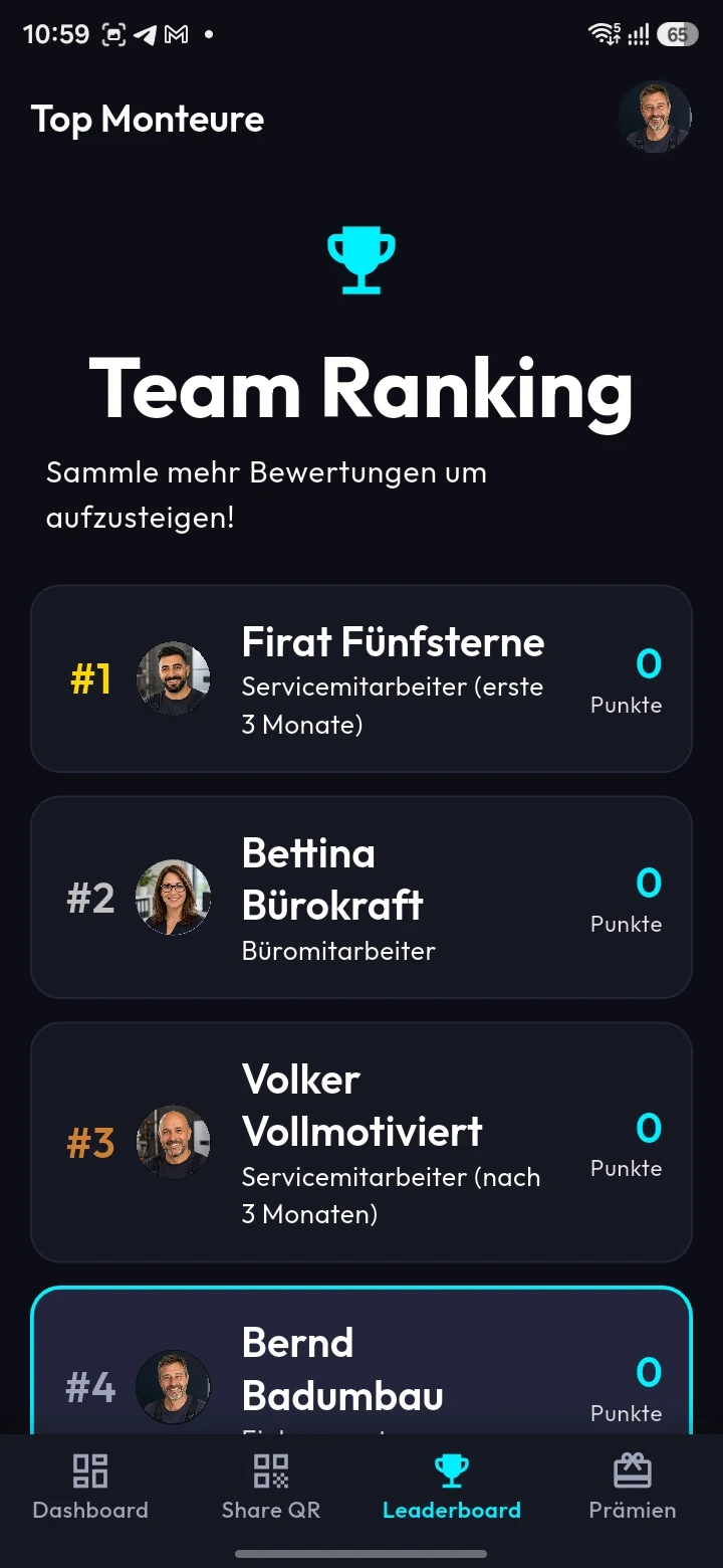 SterneSammler App: Team Ranking der Top Monteure