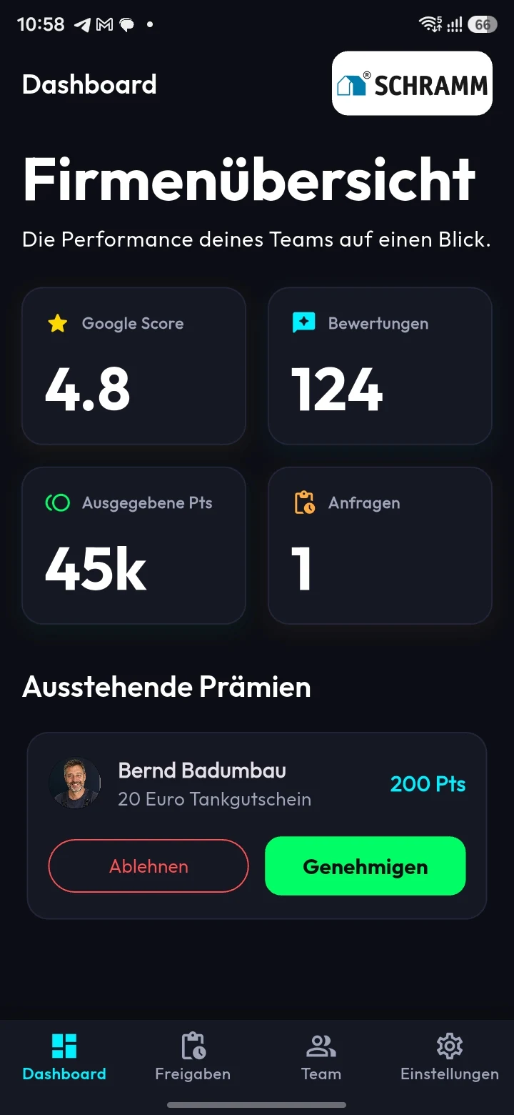 SterneSammler App: Firmenübersicht mit Team-Performance