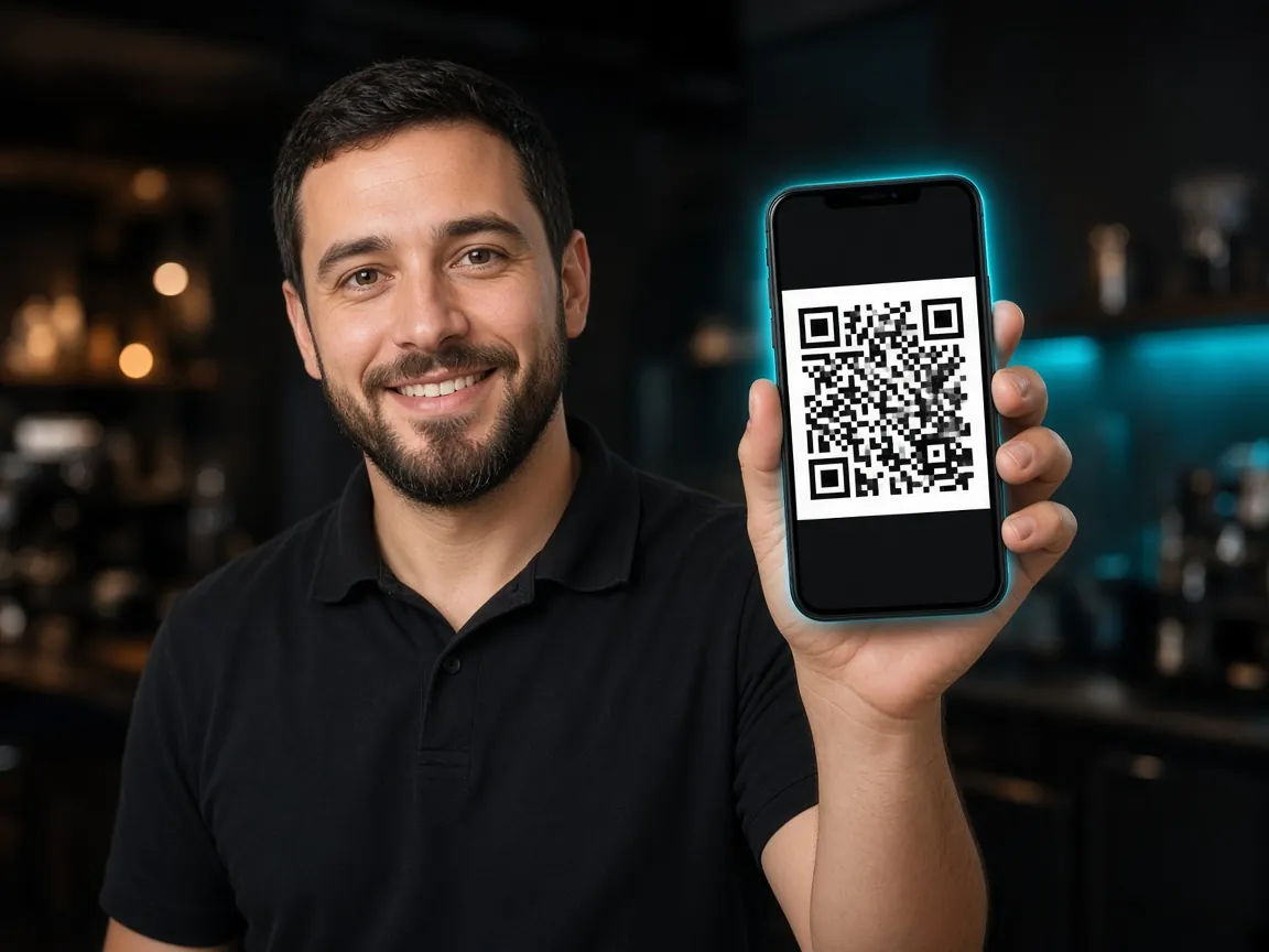 Mitarbeiter zeigt den persönlichen SterneSammler QR-Code